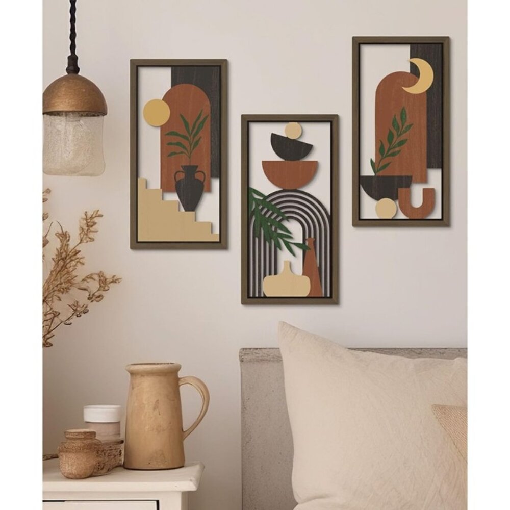New Boho Wall Art Set of 3 Minimalist Wooden Abstract Terracotta Decor Panels